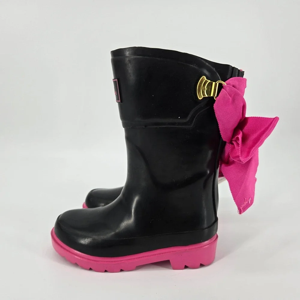 Joules Bow Welly Girls Rain Boots Black Pink Ribbon Waterproof Size US 9 NWT